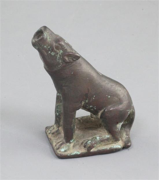 A Chinese archaic bronze wolf figure, probably Han dynasty, 2nd century B.C. - 2nd century A.D., 6.7cm high